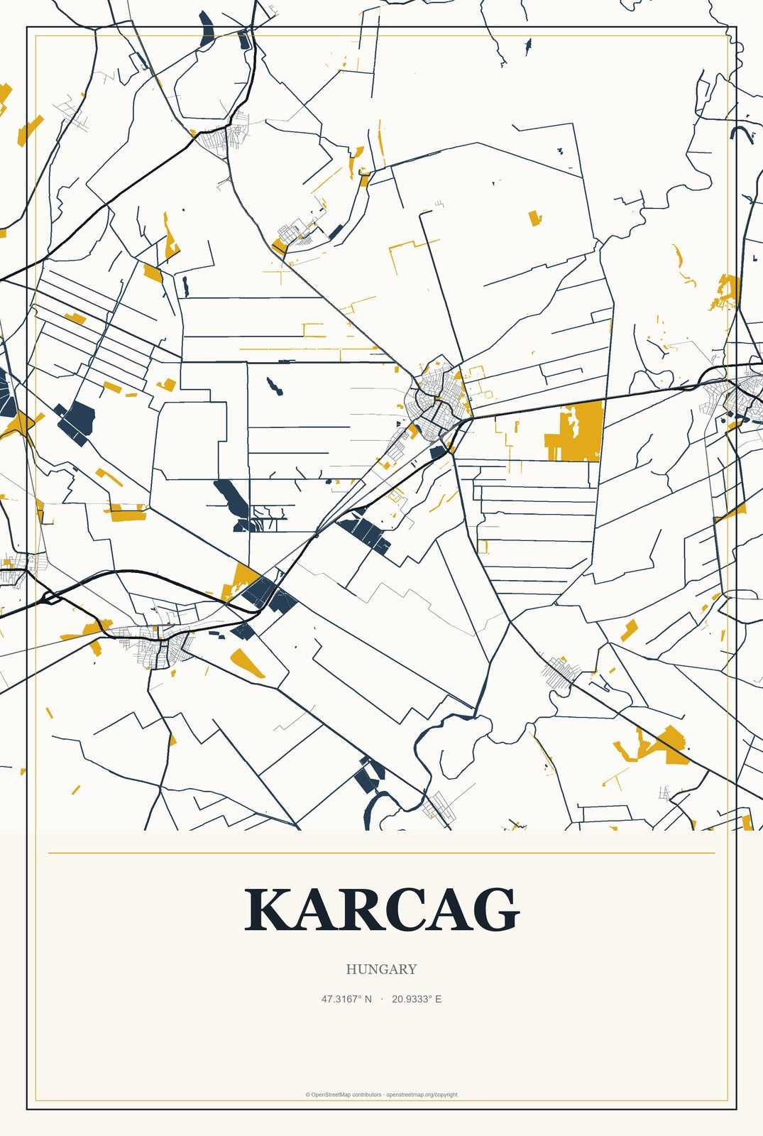 Karcag, Hungary City Map Aluminum Sign in Citrine Modern style