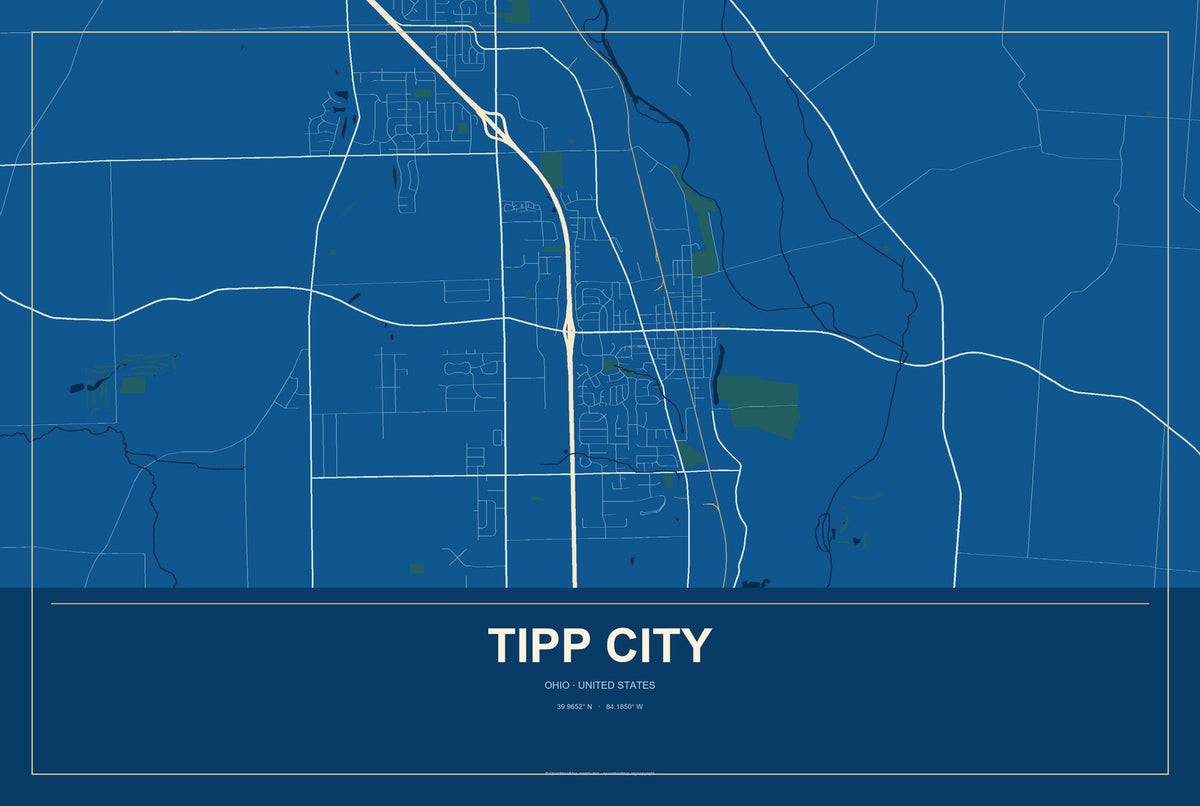 Tipp City, Ohio City Map Aluminum Sign in Harbor Cobalt style