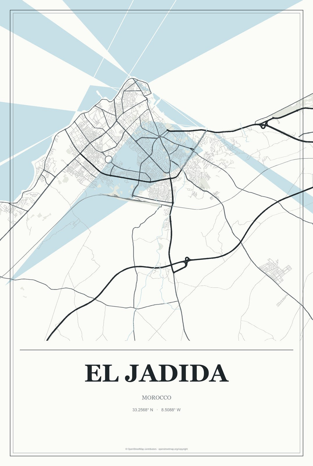 El Jadida, Morocco City Map Aluminum Sign in Gallery Air style