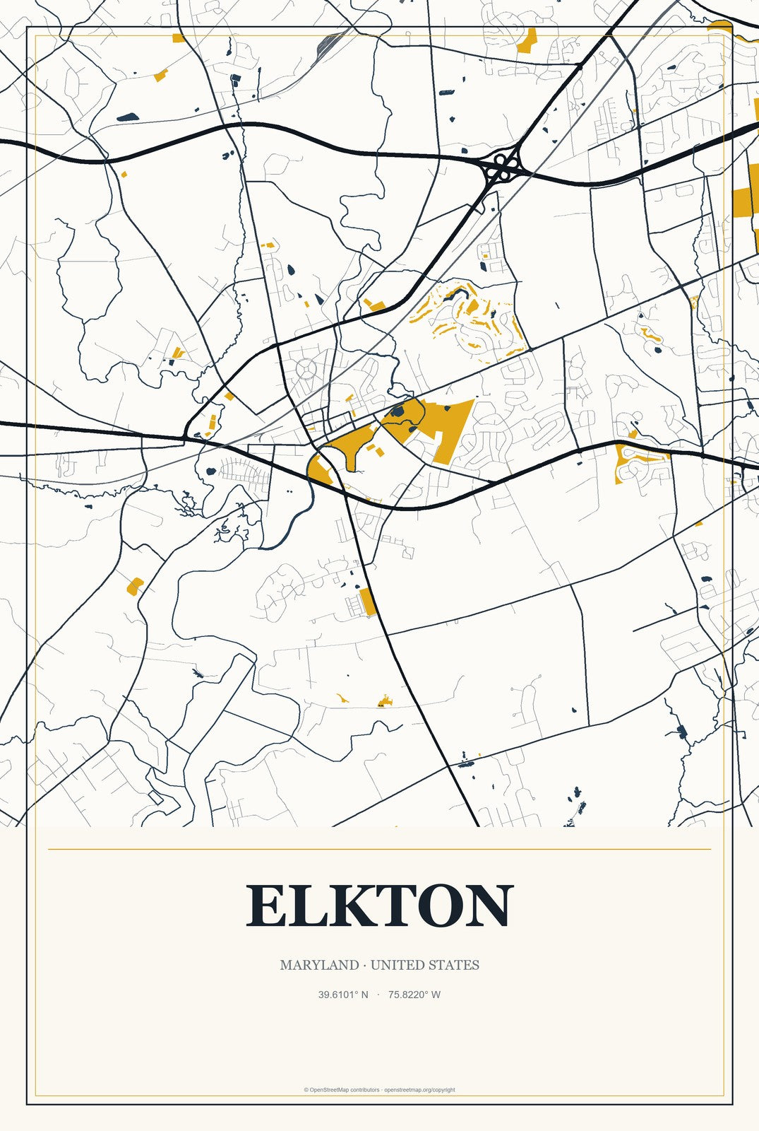 Elkton, Maryland City Map Aluminum Sign in Citrine Modern style