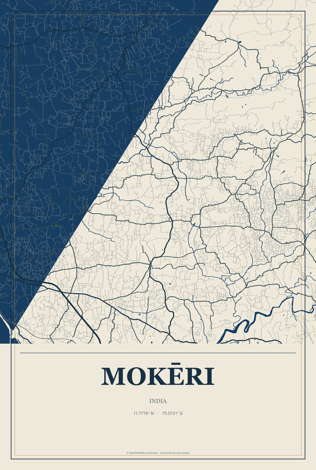 Mokēri, India City Map Aluminum Sign in Coastal Cutout style
