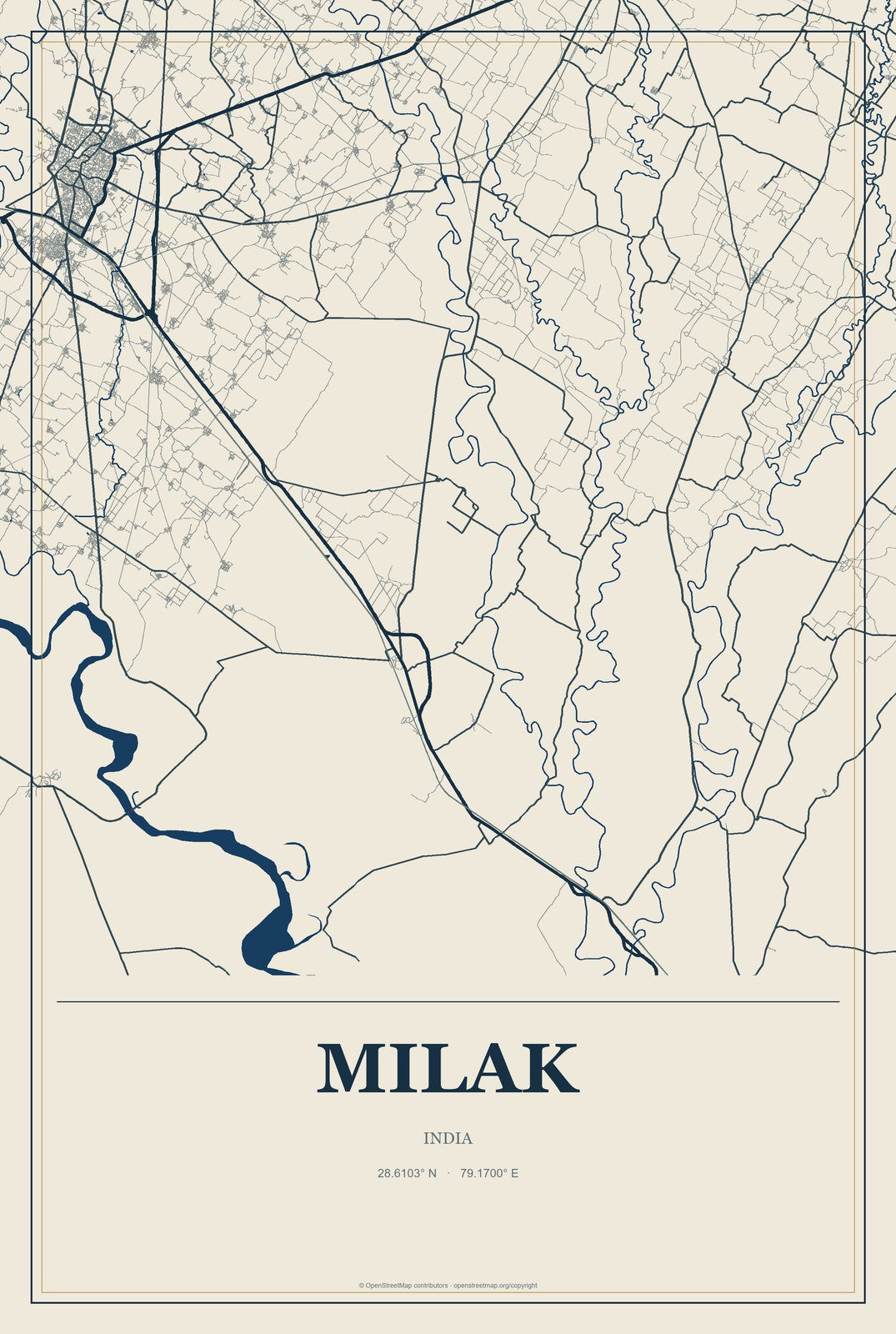Milak, India City Map Aluminum Sign in Coastal Cutout style