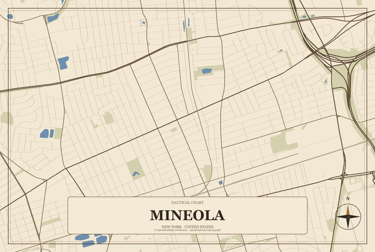 Mineola, New York City Map Aluminum Sign in Heritage Nautical style