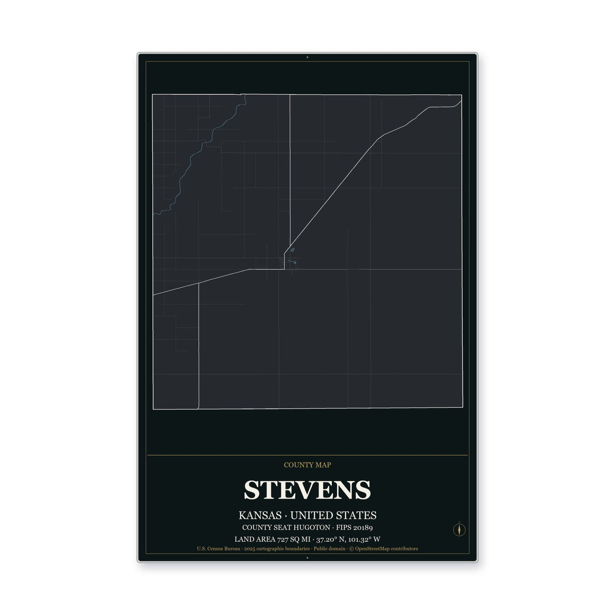 Stevens County, Kansas Map Aluminum Sign in Metropolitan Noir style
