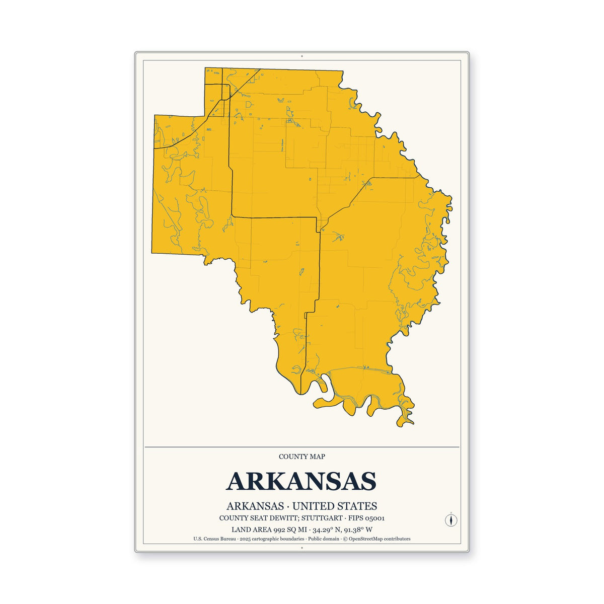Arkansas County, Arkansas Map Aluminum Sign in Citrine Modern style