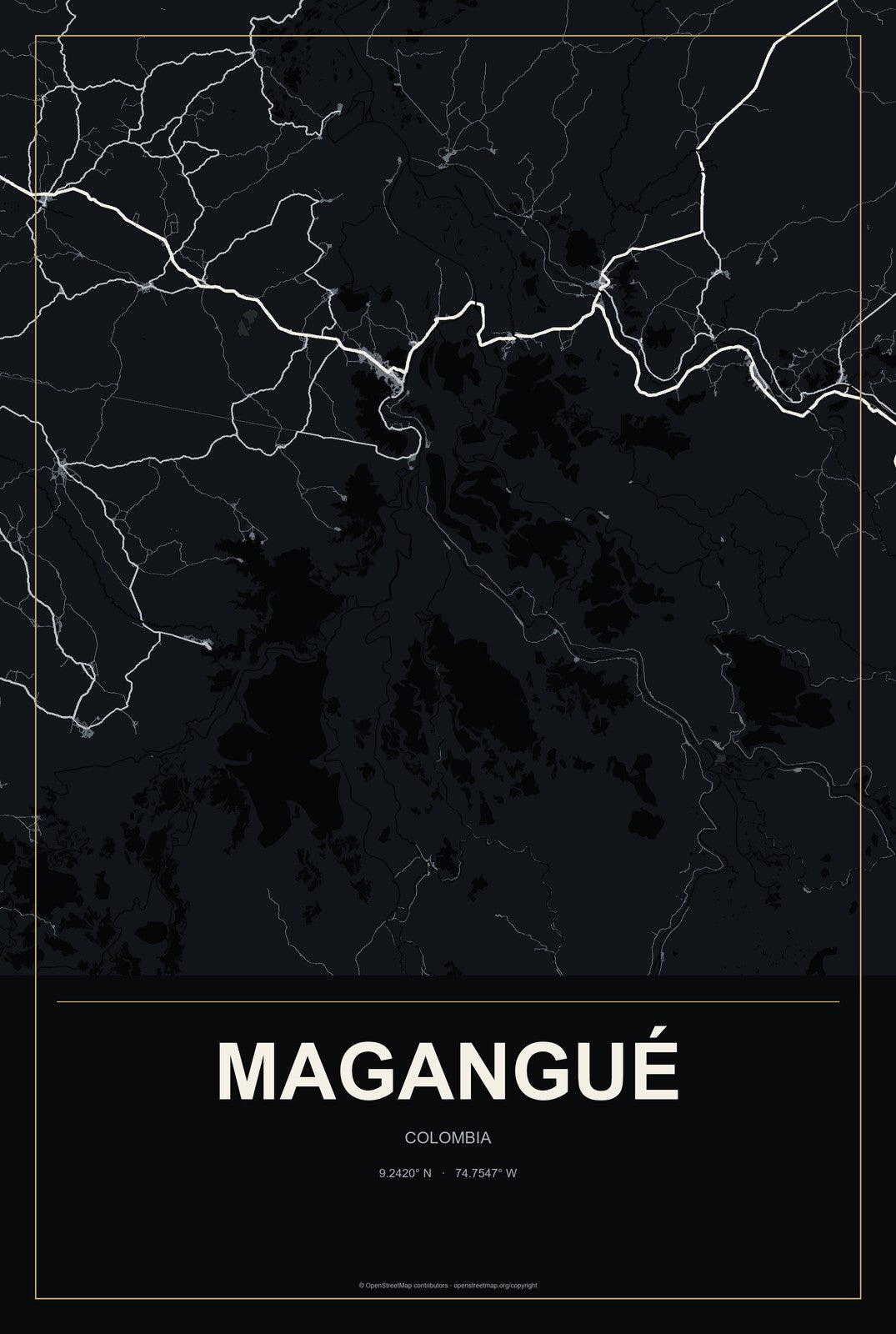 Magangué, Colombia City Map Aluminum Sign in Metropolitan Noir style