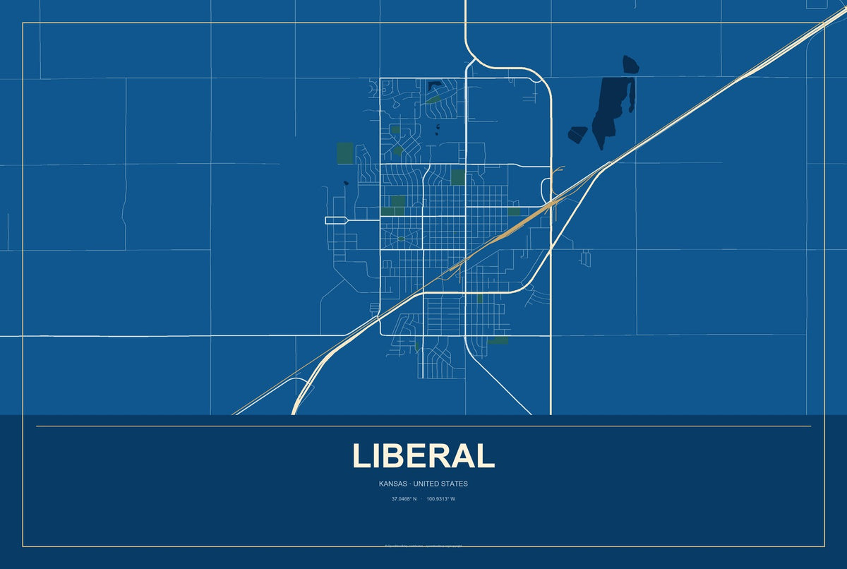 Liberal, Kansas City Map Aluminum Sign in Harbor Cobalt style