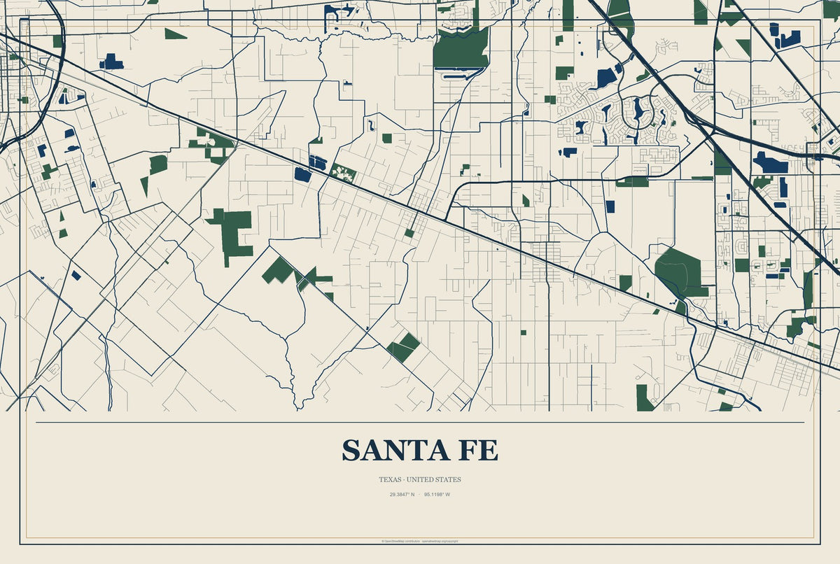 Santa Fe, Texas City Map Aluminum Sign in Coastal Cutout style