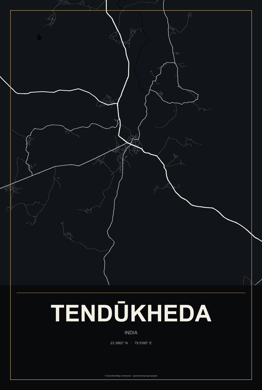 Tendūkheda, India City Map Aluminum Sign in Metropolitan Noir style