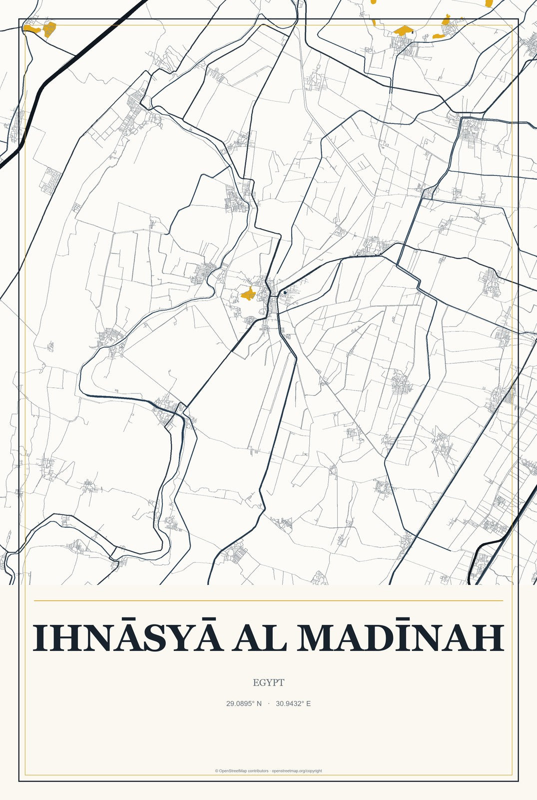 Ihnāsyā al Madīnah, Egypt City Map Aluminum Sign in Citrine Modern style