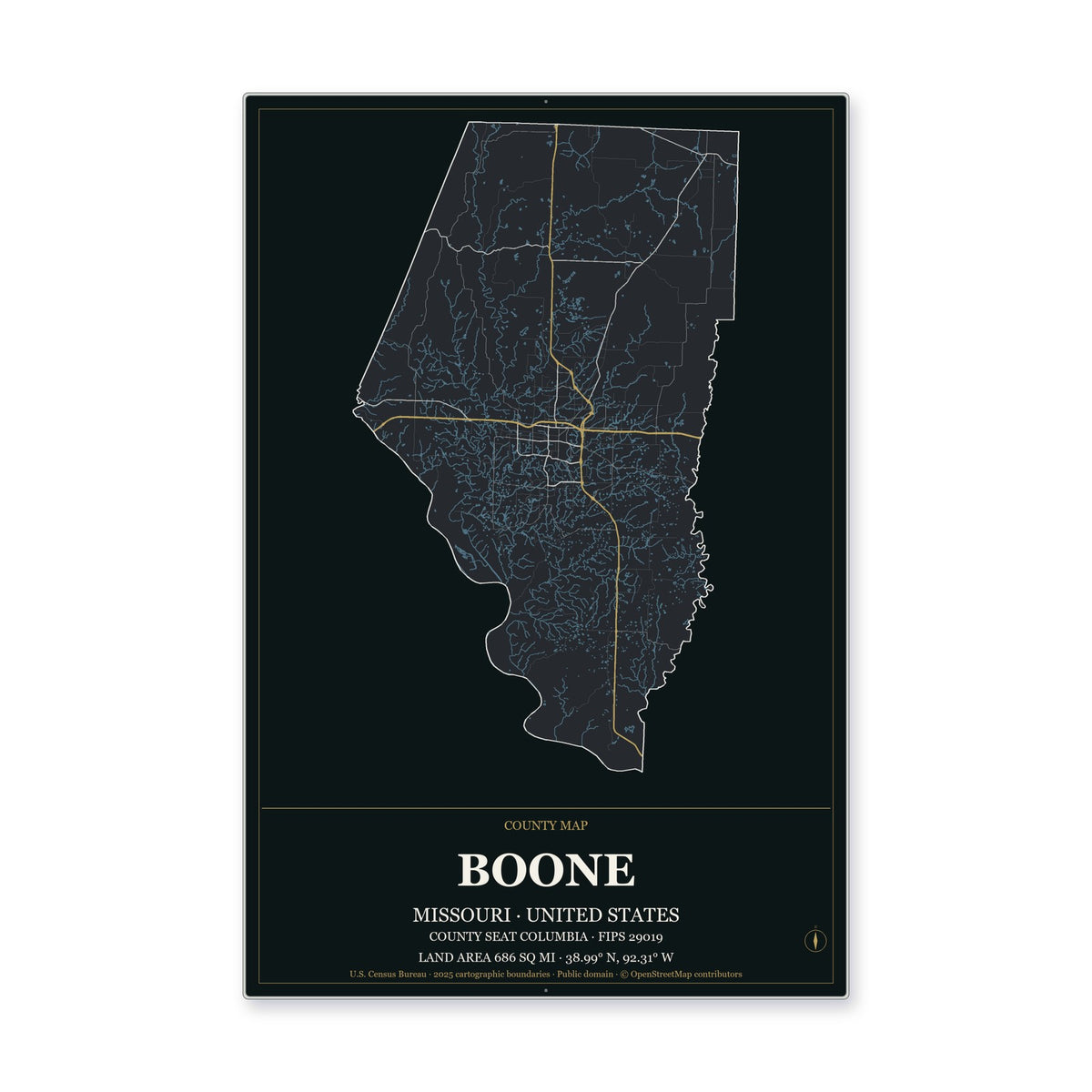 Boone County, Missouri Map Aluminum Sign in Metropolitan Noir style