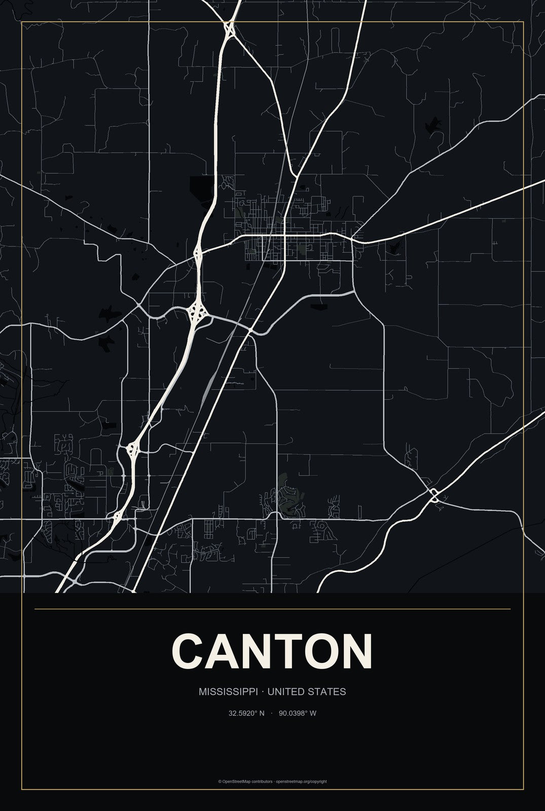 Canton, Mississippi City Map Aluminum Sign in Metropolitan Noir style
