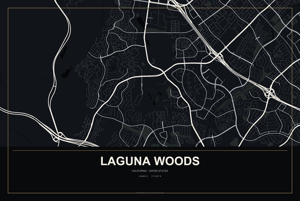 Laguna Woods, California City Map Aluminum Sign in Metropolitan Noir style