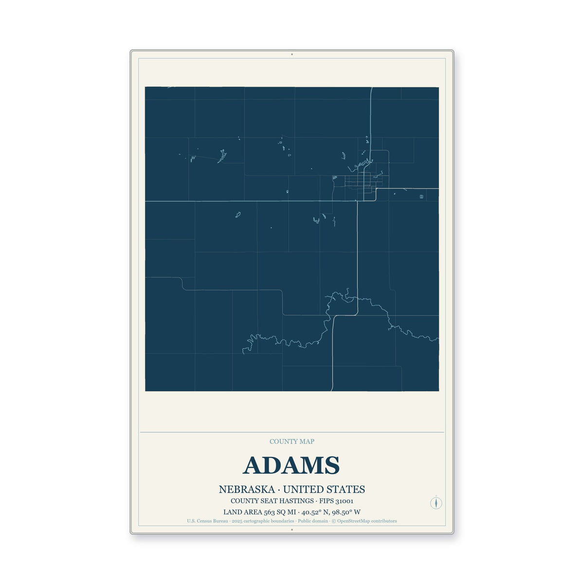 Adams County, Nebraska Map Aluminum Sign in Coastal Cutout style