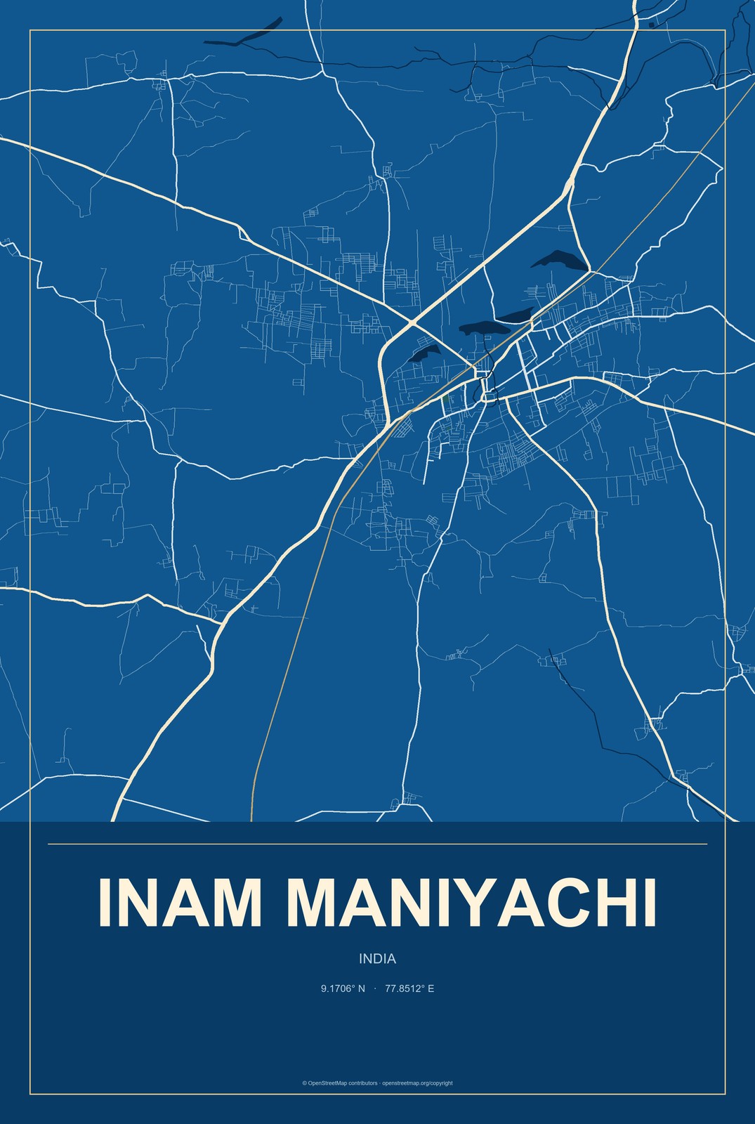 Inam Maniyachi, India City Map Aluminum Sign in Harbor Cobalt style