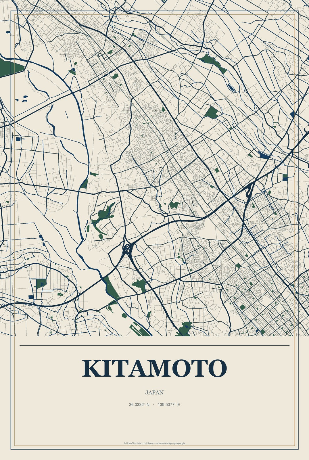 Kitamoto, Japan City Map Aluminum Sign in Coastal Cutout style