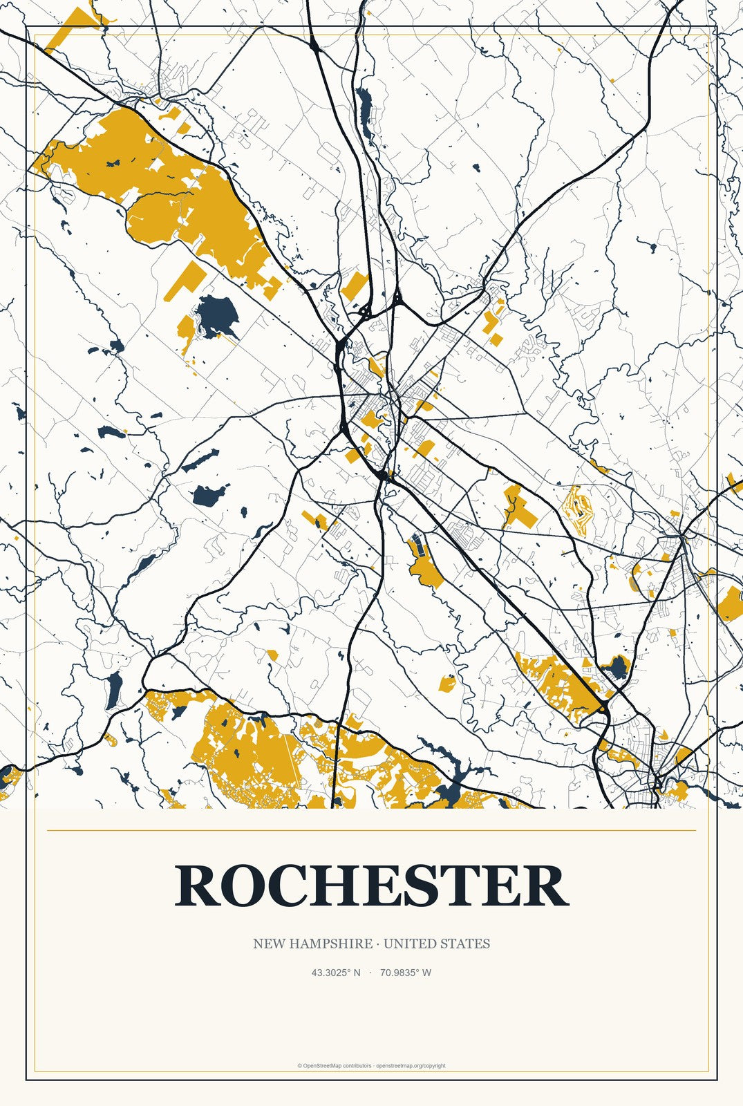 Rochester, New Hampshire City Map Aluminum Sign in Citrine Modern style