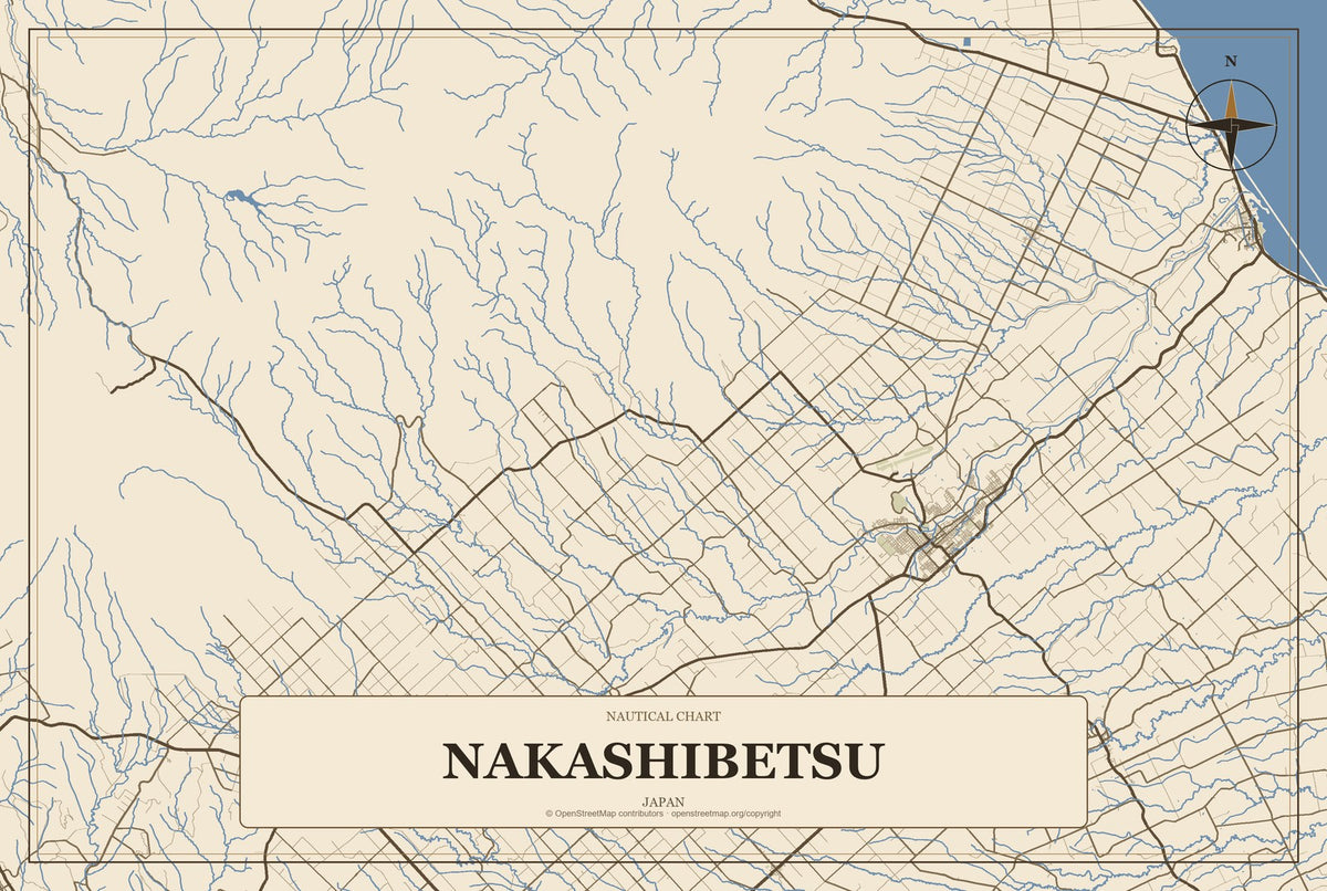 Nakashibetsu, Japan City Map Aluminum Sign in Heritage Nautical style