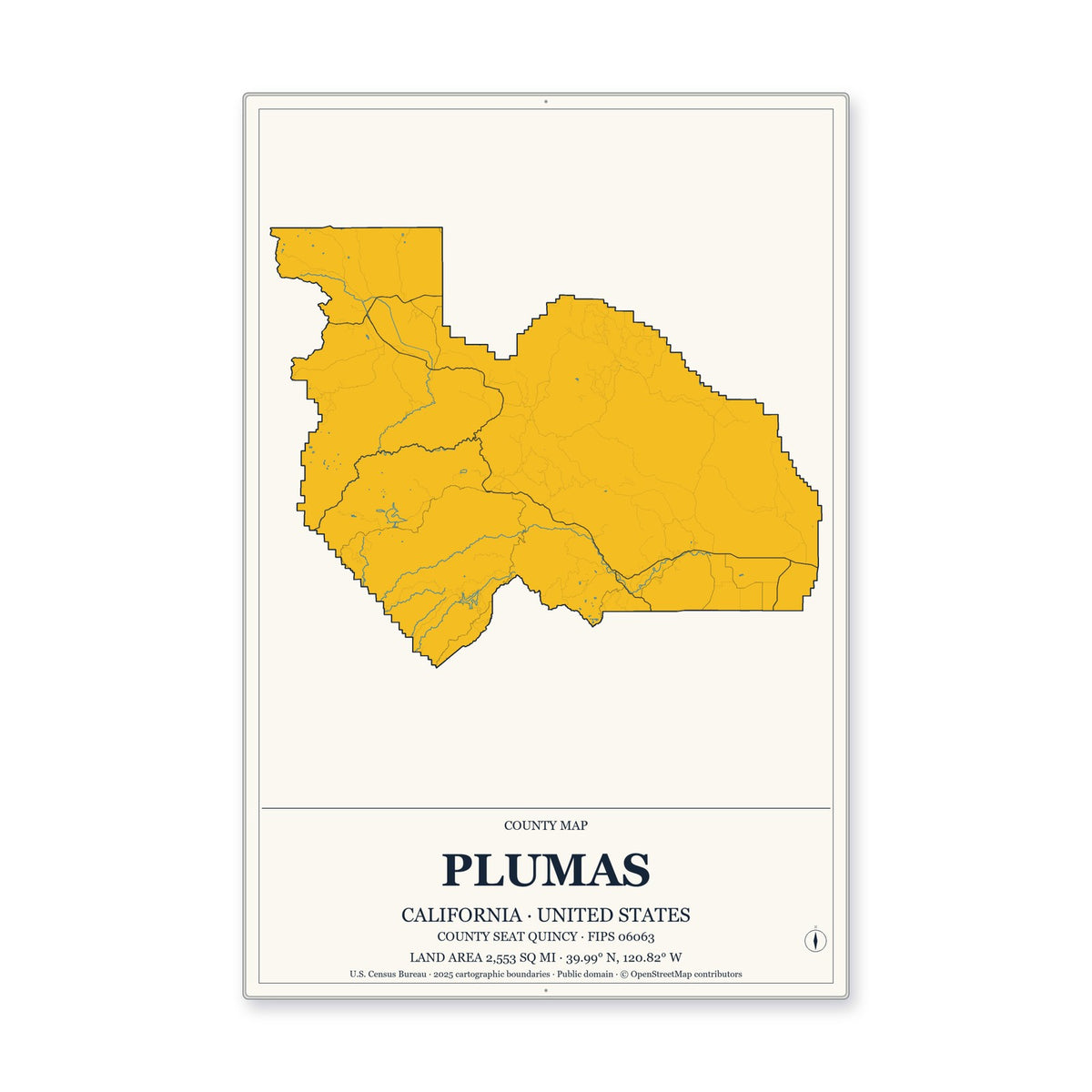 Plumas County, California Map Aluminum Sign in Citrine Modern style