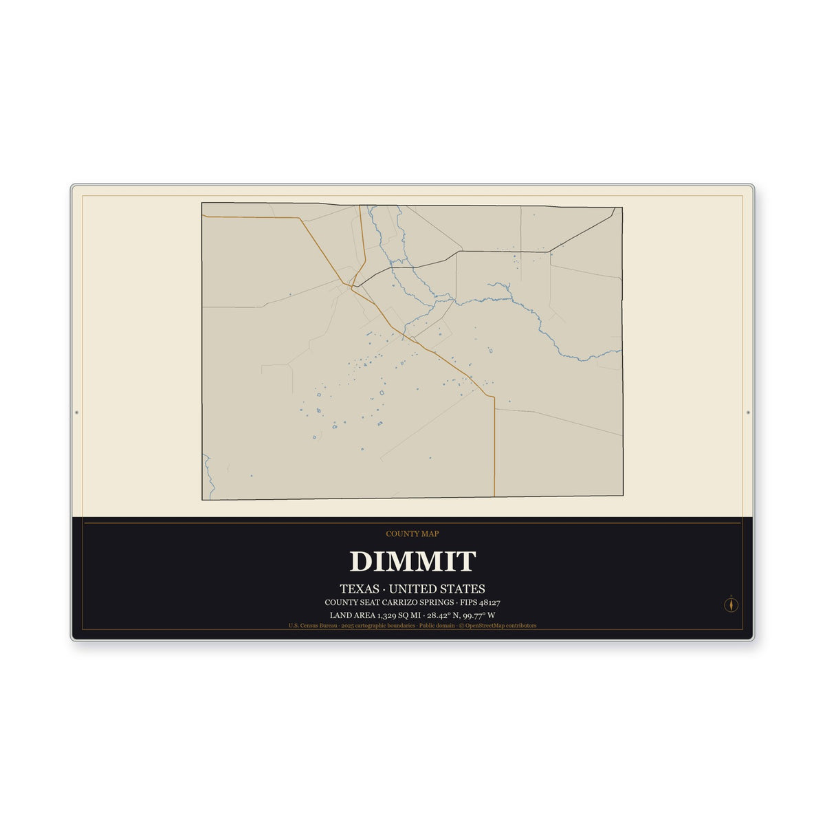 Dimmit County, Texas Map Aluminum Sign in Museum Plaque style