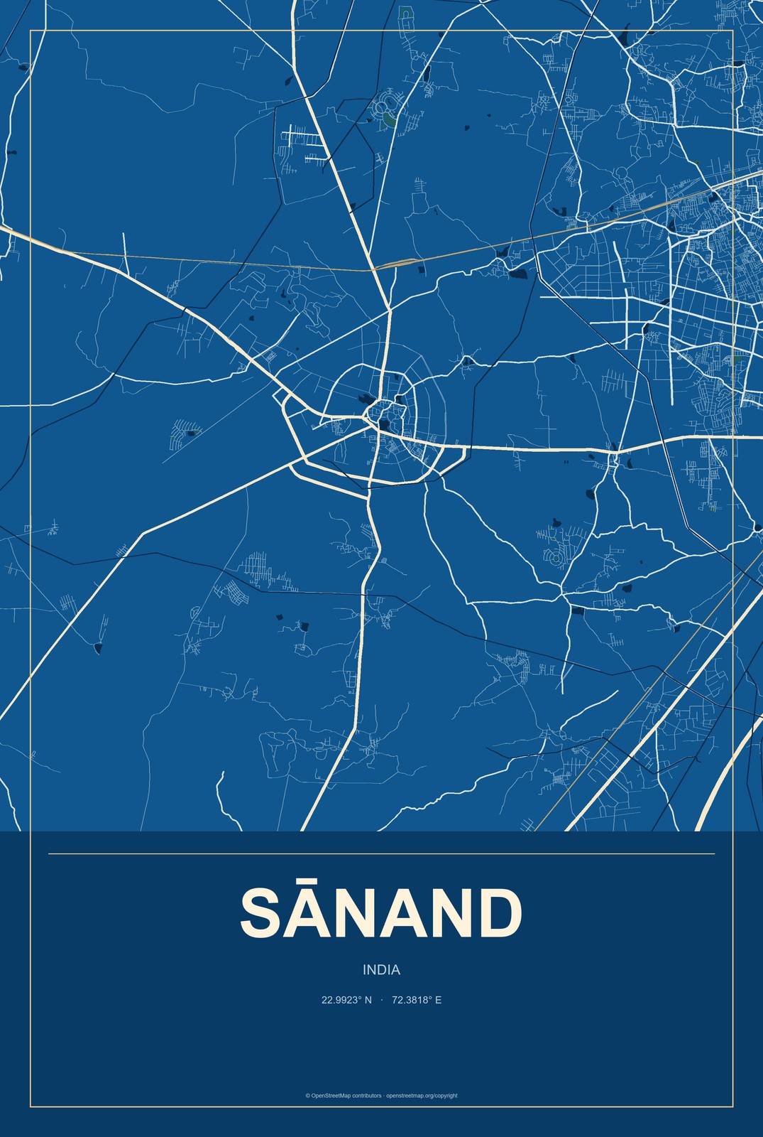 Sānand, India City Map Aluminum Sign in Harbor Cobalt style