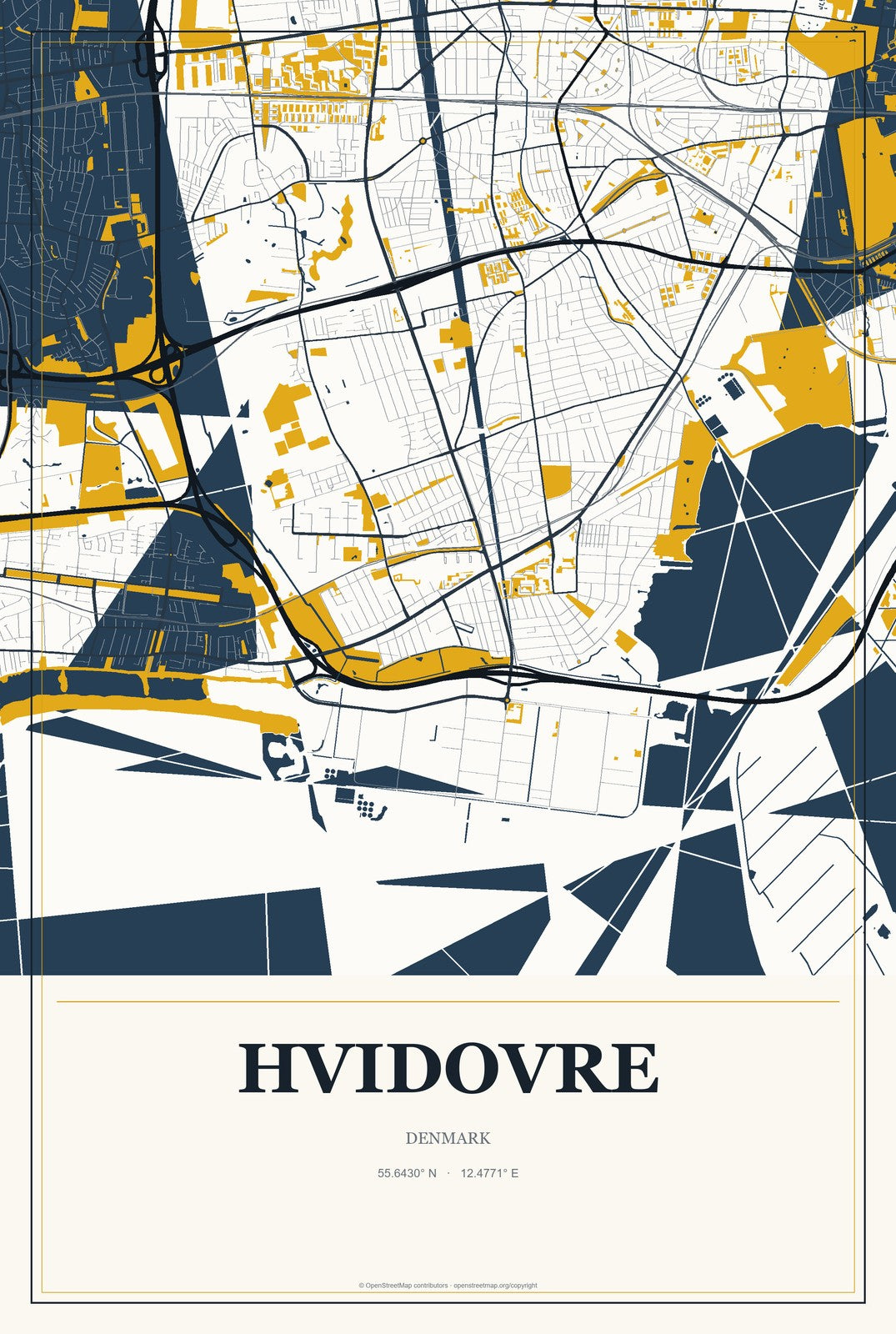 Hvidovre, Denmark City Map Aluminum Sign in Citrine Modern style