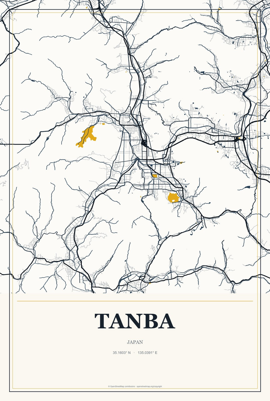 Tanba, Japan City Map Aluminum Sign in Citrine Modern style