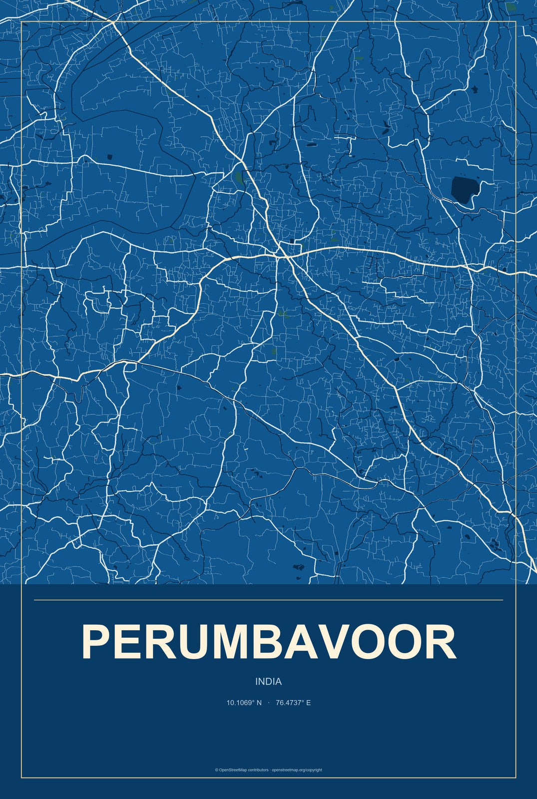 Perumbavoor, India City Map Aluminum Sign in Harbor Cobalt style