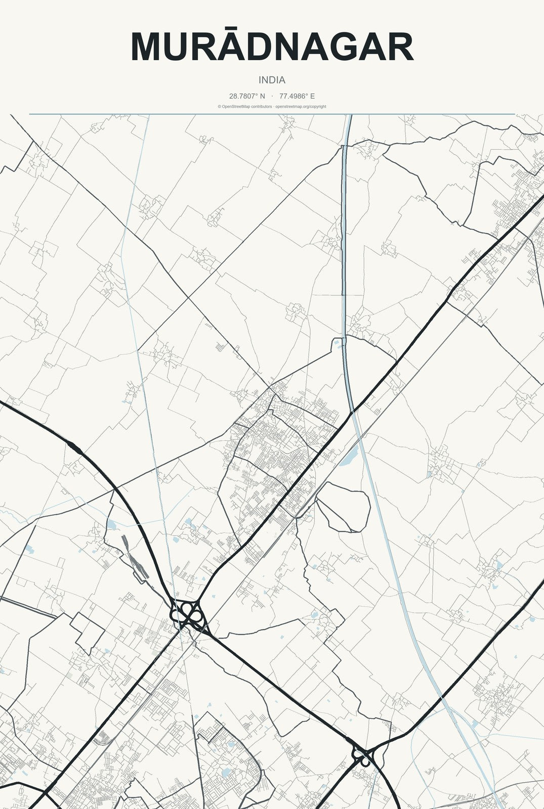 Murādnagar, India City Map Aluminum Sign in Headline Atlas style