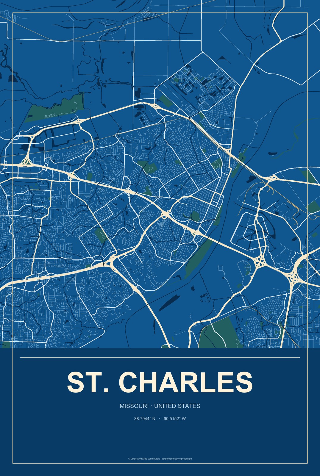 St. Charles, Missouri City Map Aluminum Sign in Harbor Cobalt style