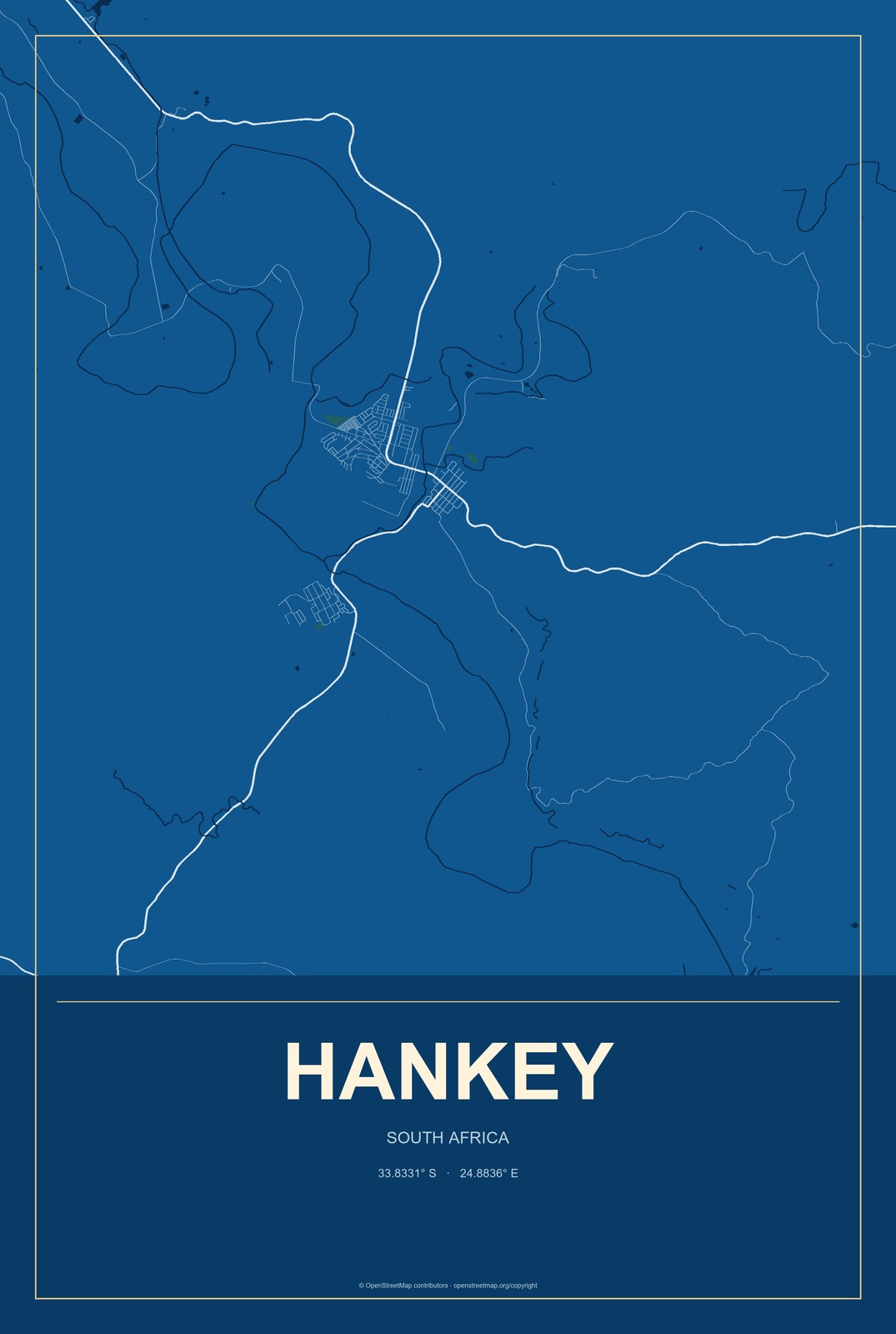 Hankey, South Africa City Map Aluminum Sign in Harbor Cobalt style
