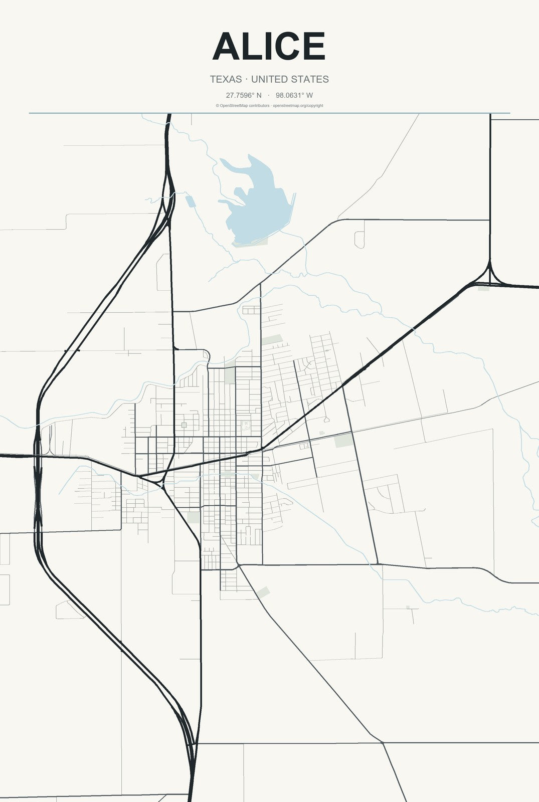 Alice, Texas City Map Aluminum Sign in Headline Atlas style