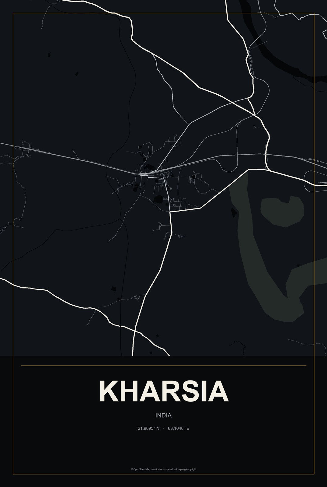 Kharsia, India City Map Aluminum Sign in Metropolitan Noir style