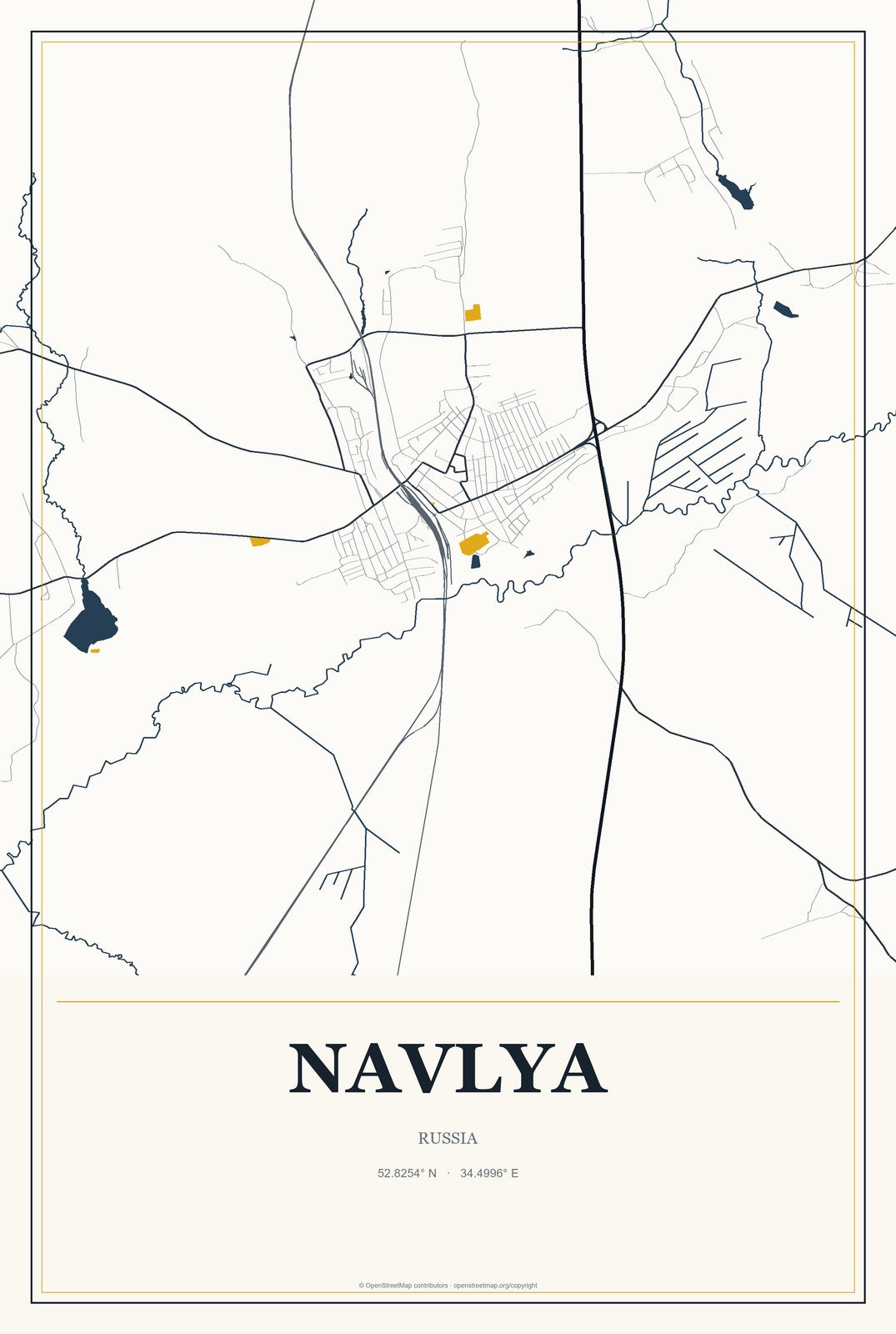 Navlya, Russia City Map Aluminum Sign in Citrine Modern style