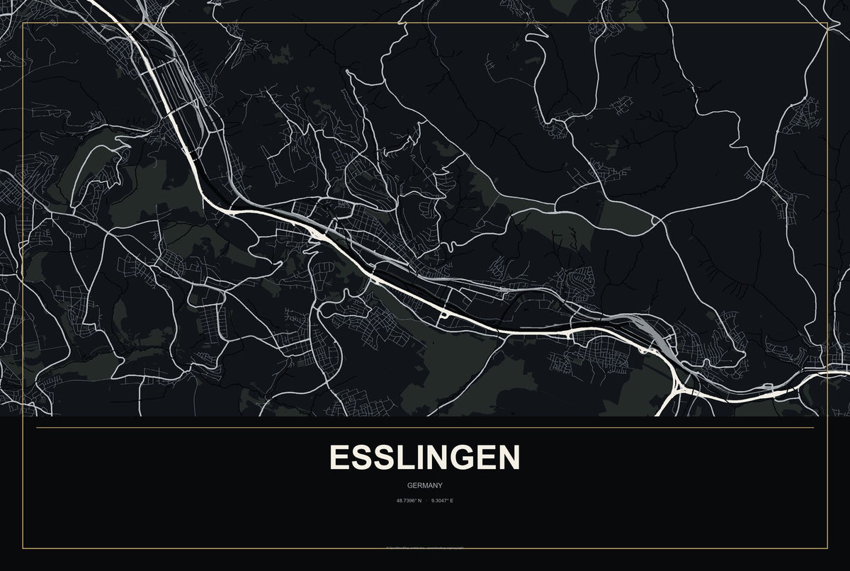 Esslingen, Germany City Map Aluminum Sign in Metropolitan Noir style