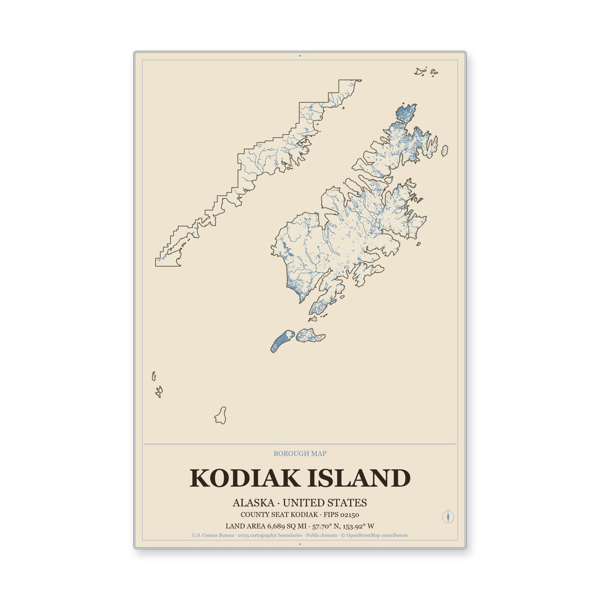 Kodiak Island Borough, Alaska Map Aluminum Sign in Heritage Nautical style
