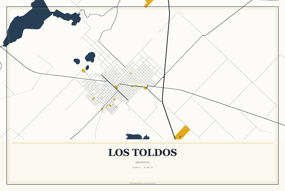 Los Toldos, Argentina City Map Aluminum Sign in Citrine Modern style