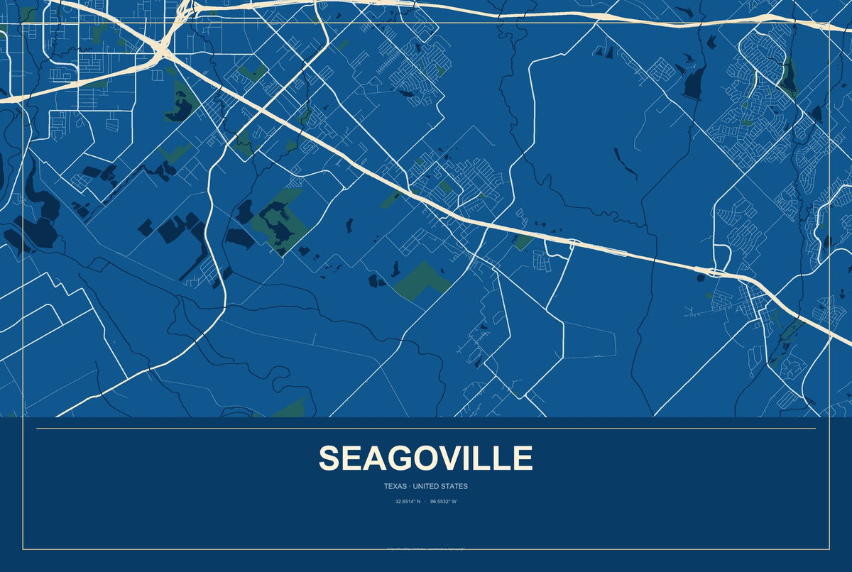 Seagoville, Texas City Map Aluminum Sign in Harbor Cobalt style