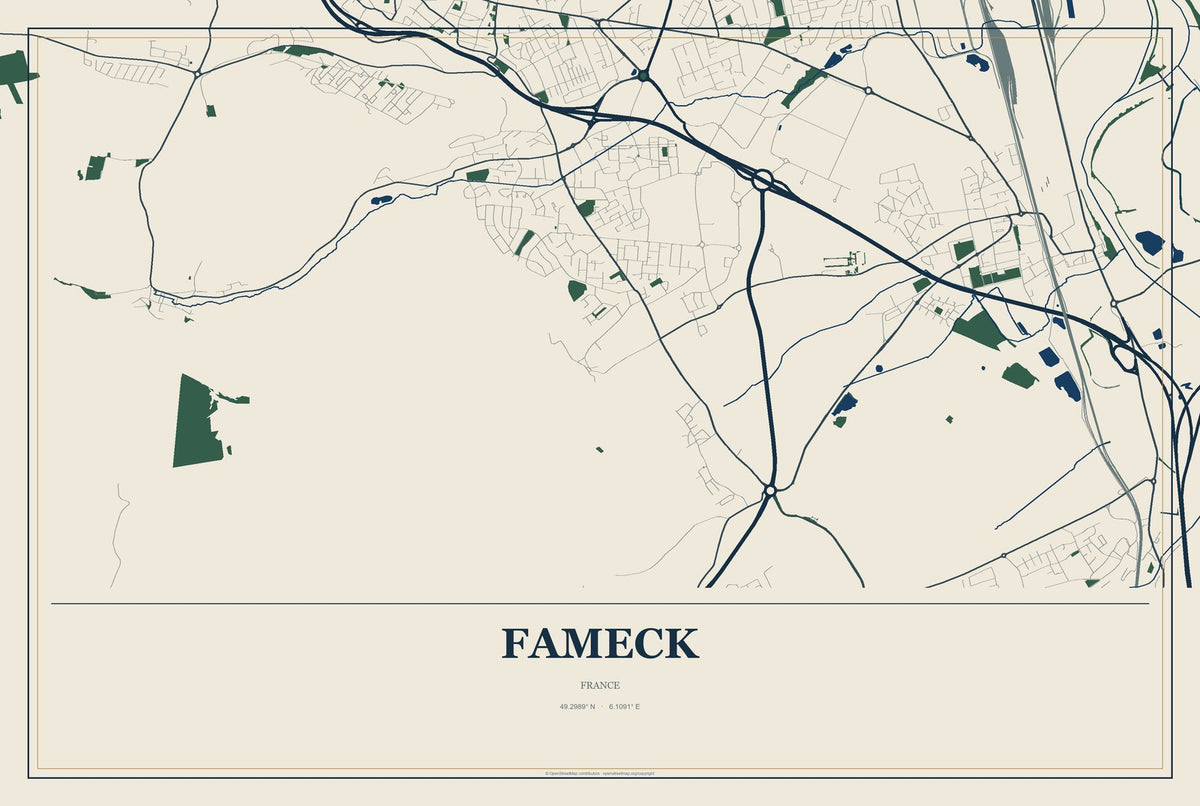 Fameck, France City Map Aluminum Sign in Coastal Cutout style