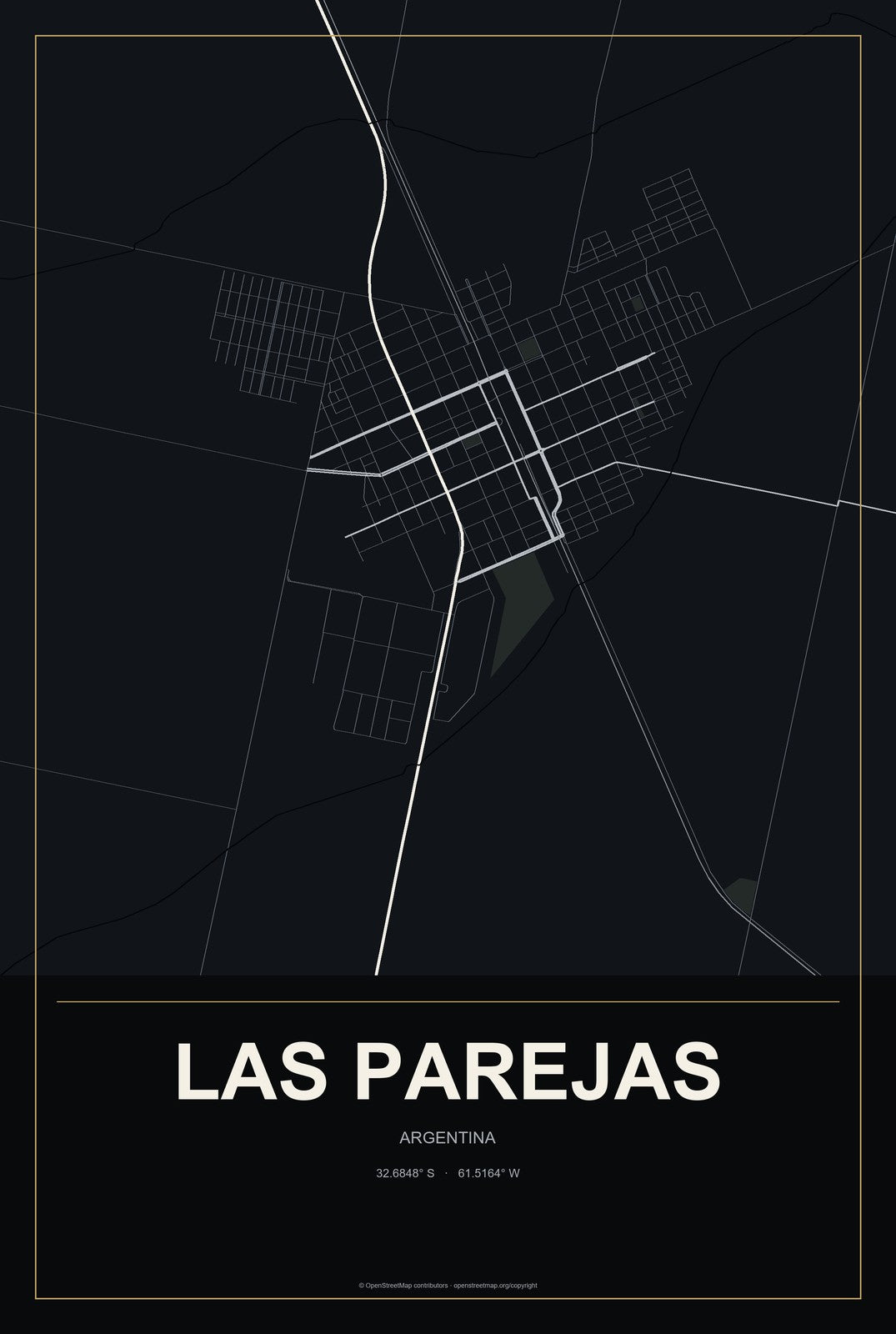 Las Parejas, Argentina City Map Aluminum Sign in Metropolitan Noir style