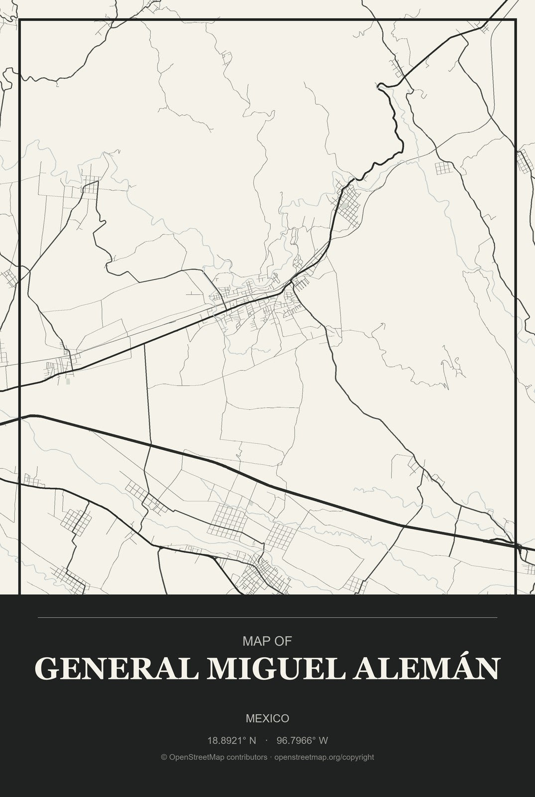 General Miguel Alemán, Mexico City Map Aluminum Sign in Museum Plaque style