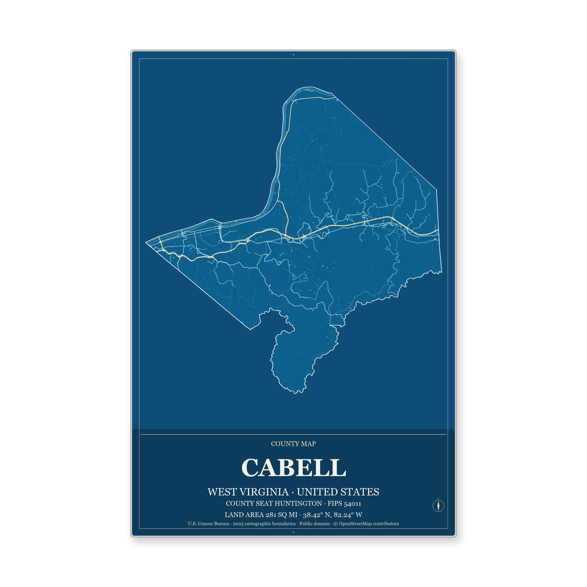 Cabell County, West Virginia Map Aluminum Sign in Harbor Cobalt style