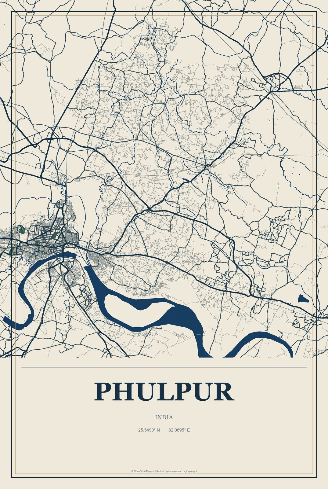 Phulpur, India City Map Aluminum Sign in Coastal Cutout style