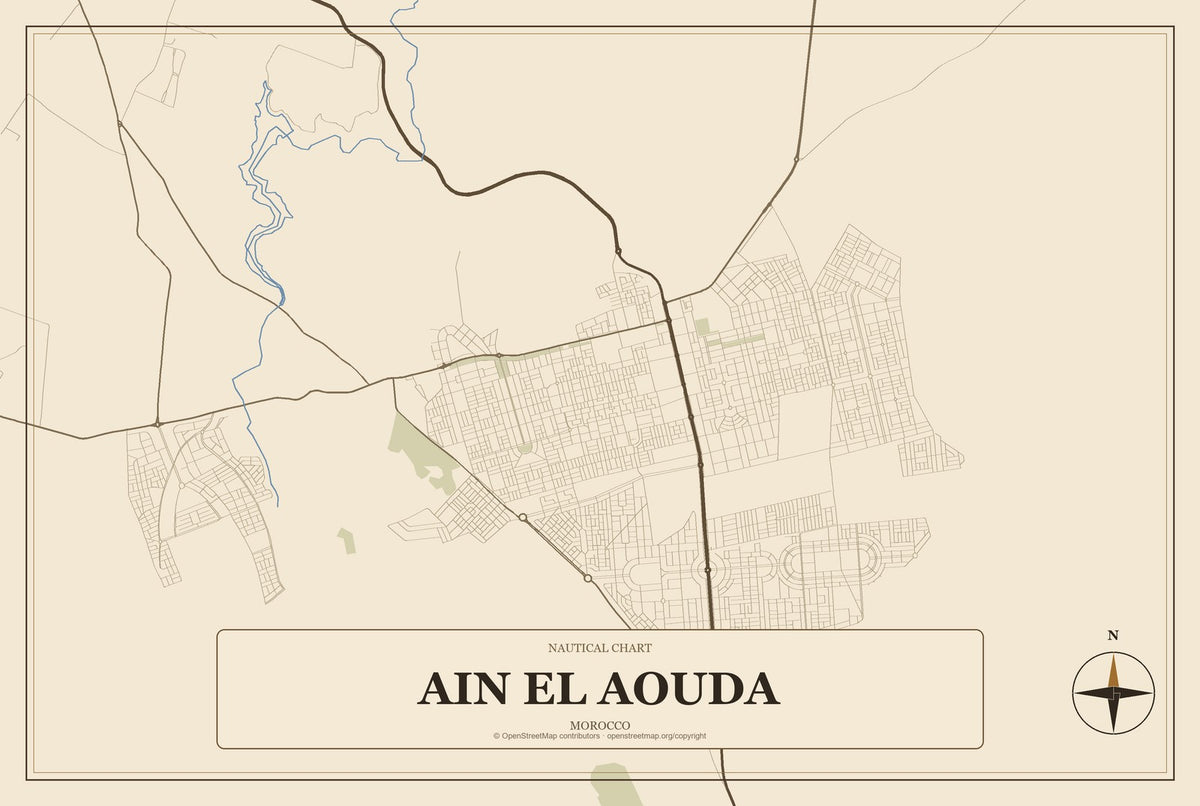 Ain El Aouda, Morocco City Map Aluminum Sign in Heritage Nautical style