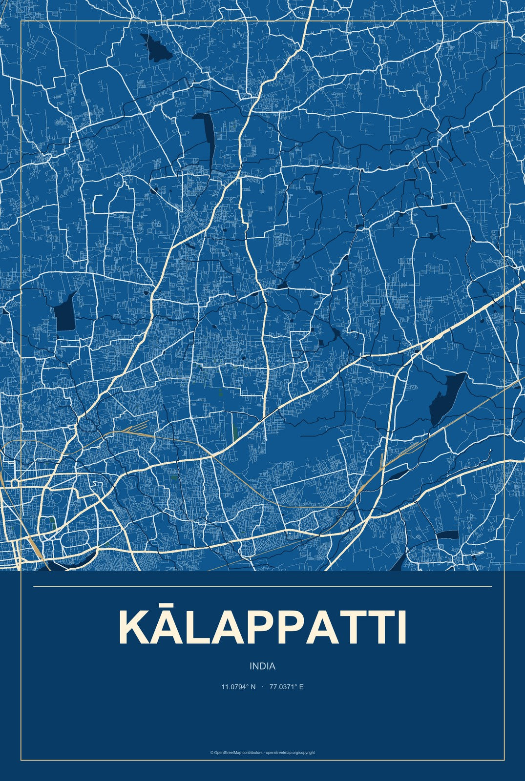 Kālappatti, India City Map Aluminum Sign in Harbor Cobalt style