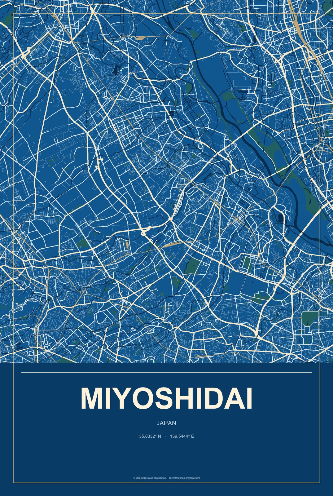 Miyoshidai, Japan City Map Aluminum Sign in Harbor Cobalt style