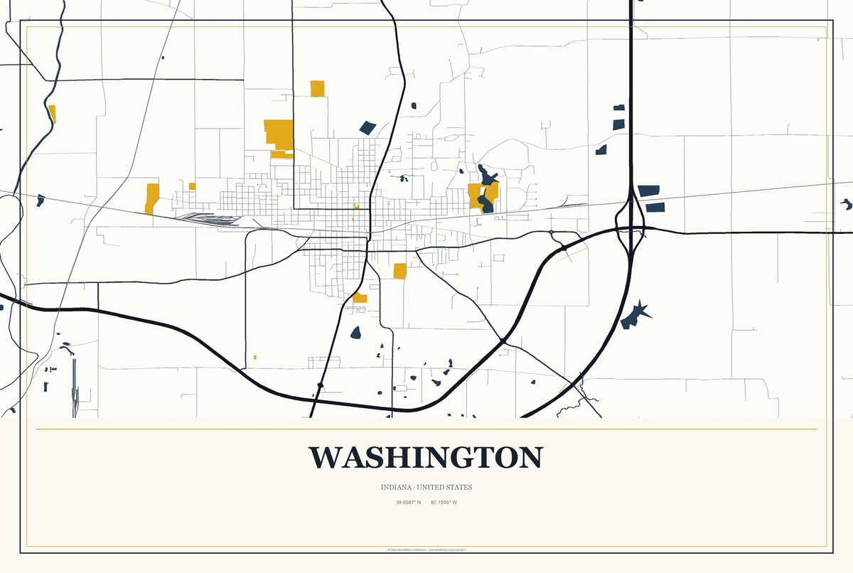 Washington, Indiana City Map Aluminum Sign in Citrine Modern style