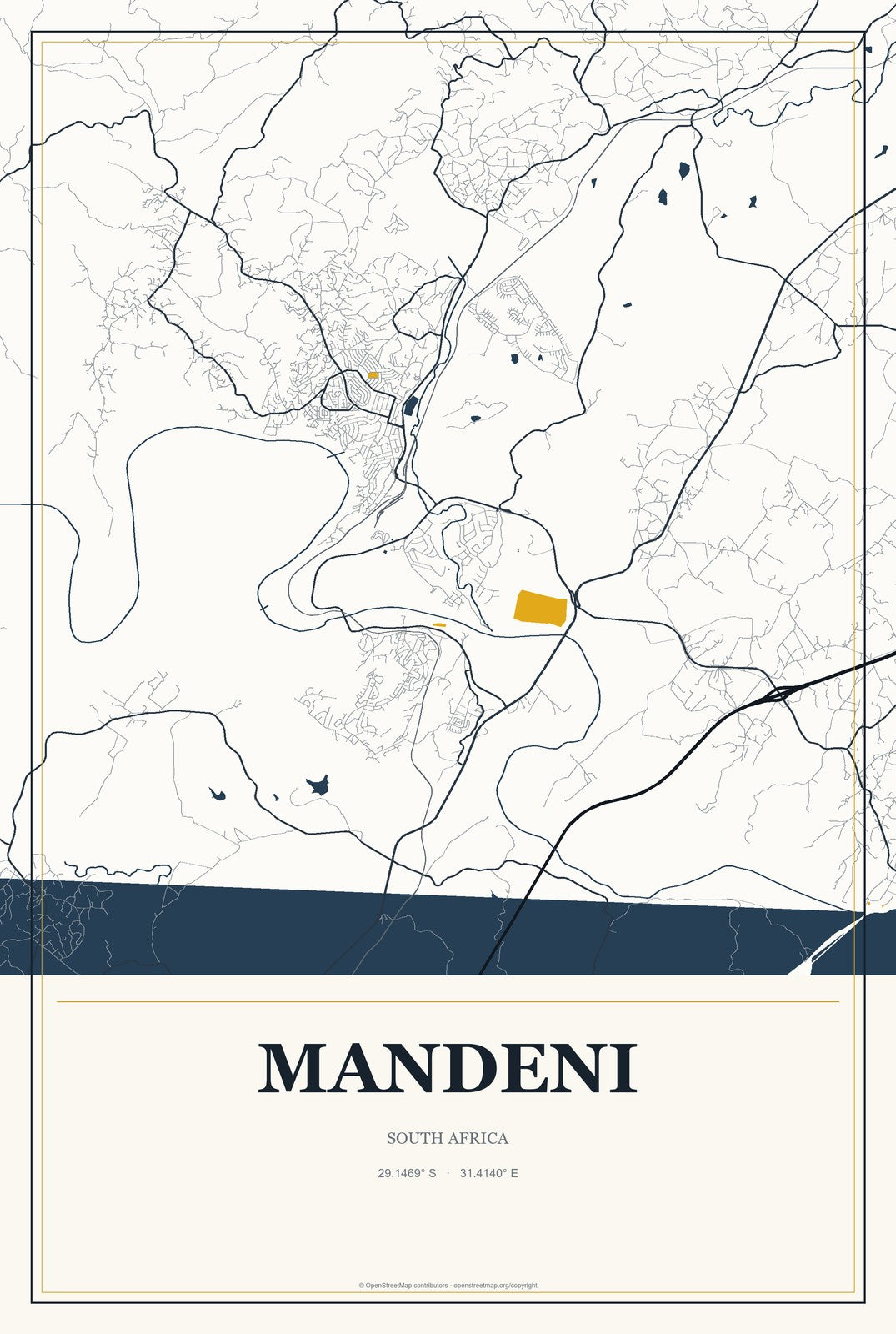Mandeni, South Africa City Map Aluminum Sign in Citrine Modern style