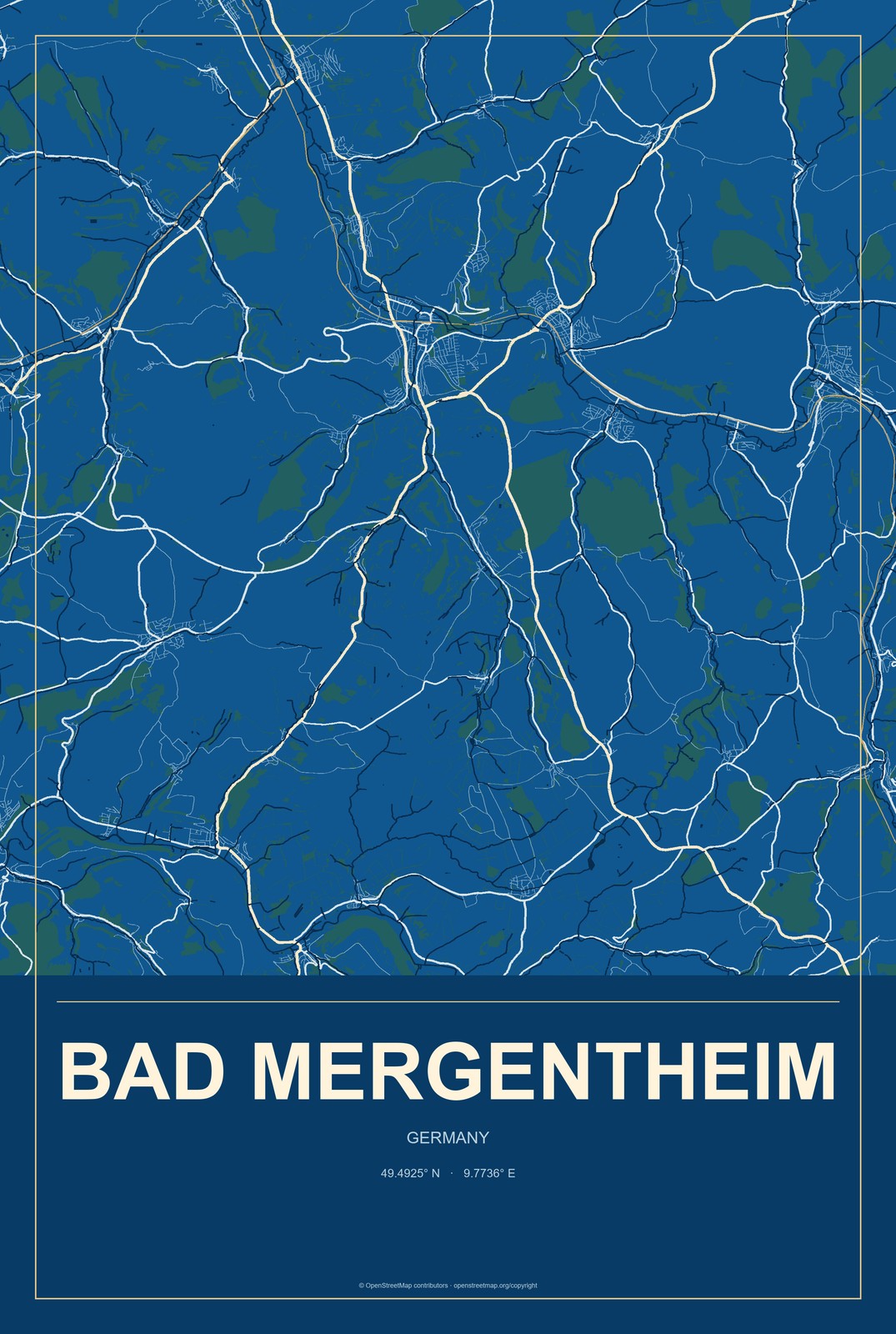 Bad Mergentheim, Germany City Map Aluminum Sign in Harbor Cobalt style