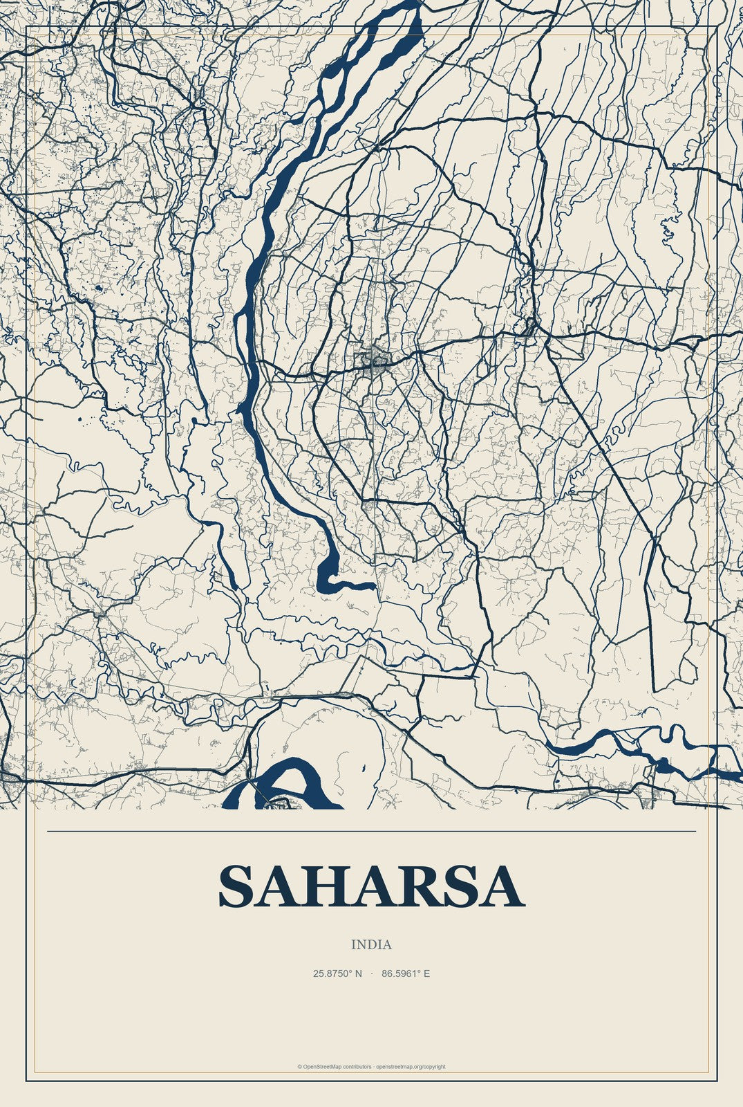 Saharsa, India City Map Aluminum Sign in Coastal Cutout style